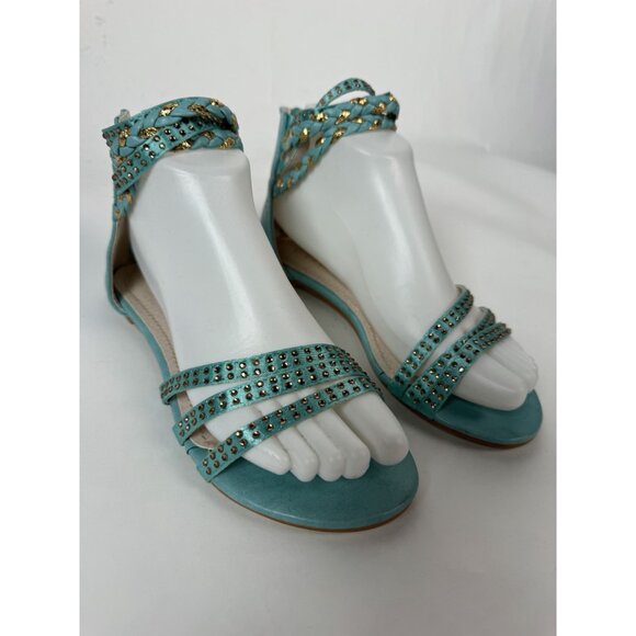 Turquoise Ankle Wrap Sandals With Gold Studs Size 7 By Mochi - Picture 3 of 16